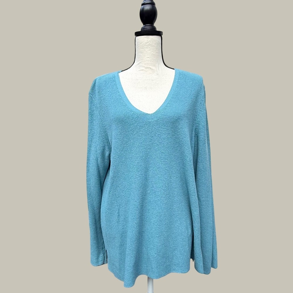 J. Jill Teal Blue Ribbed Knit V-Neck Cotton Blend Sweater Womens XL